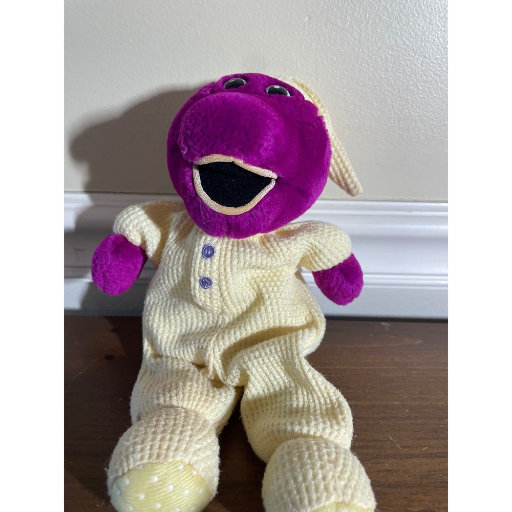 Vintage Barney the Dinosaur Plush in Yellow Waffle Knit Pajamas and Nightcap